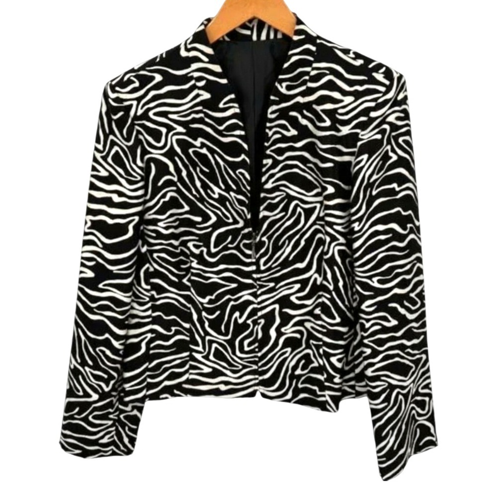 TALBOTS Silk/Wool Satin BLACK-WHITE WAVY STRIPES TOP JACKET Zipper Lined 6